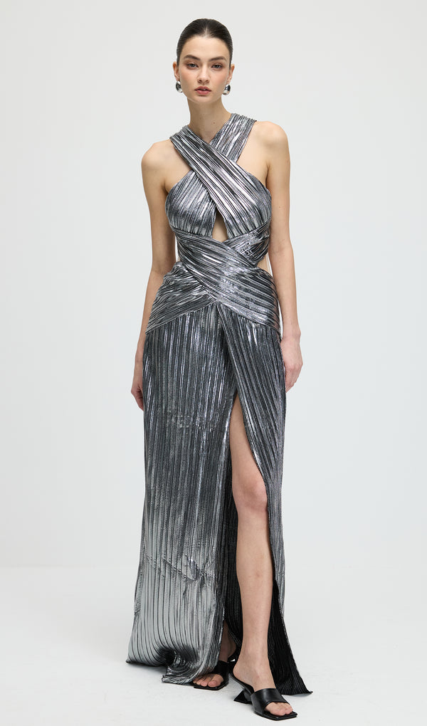 Metallic Halter Slit Maxi Dress