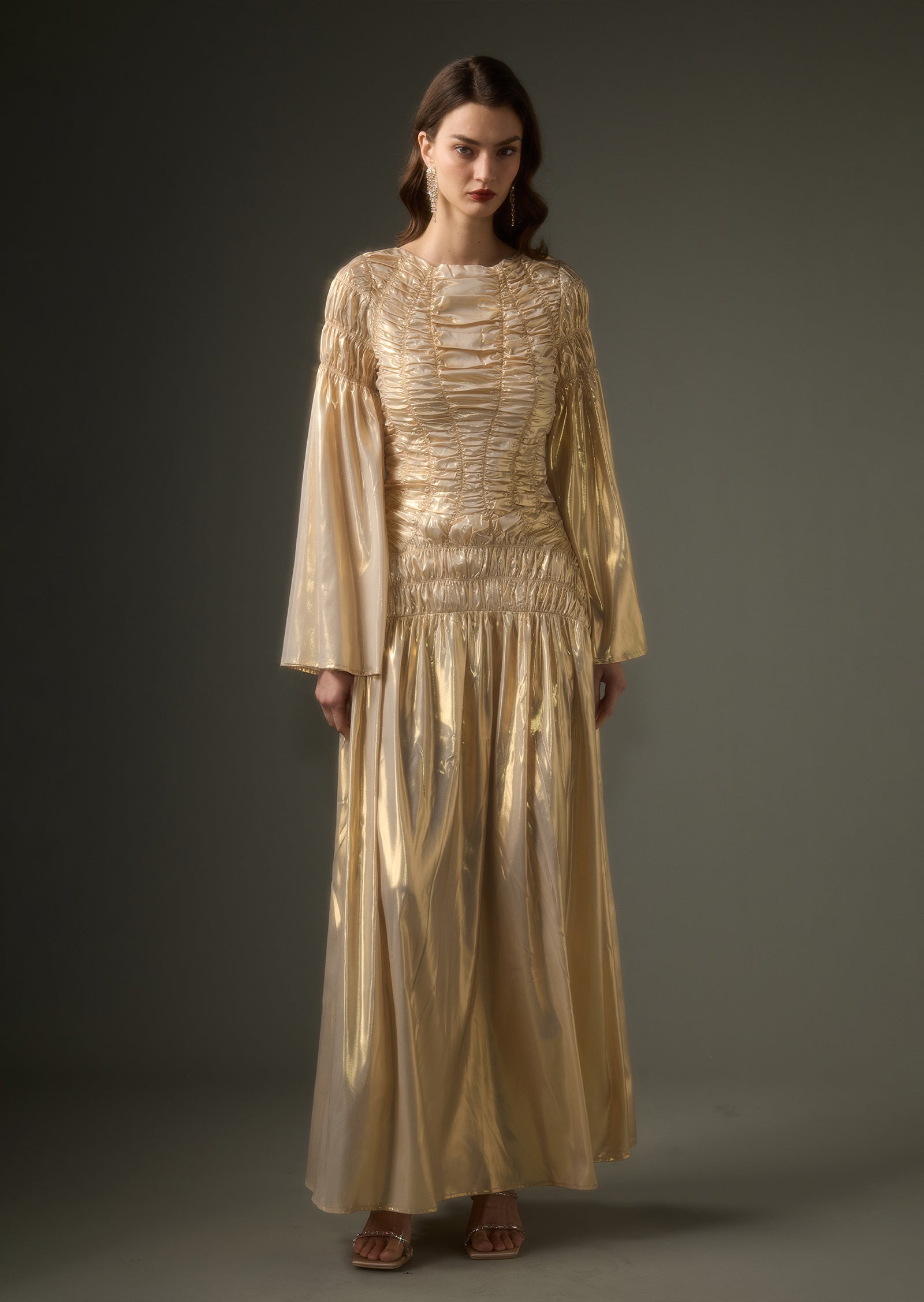 Solid Metallic Elasticated Gathers Maxi Dress