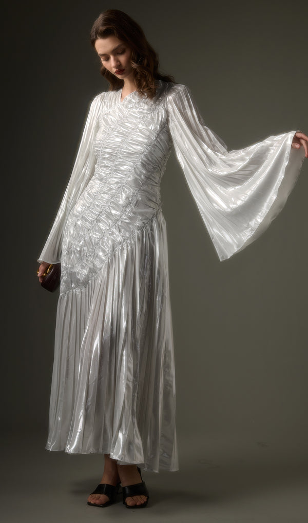 Metallic Long Sleeve Maxi Dress In Silver