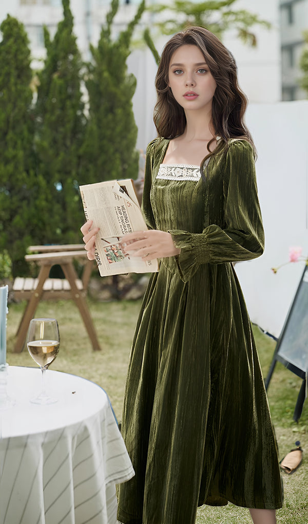 Vintage Square Neck Plain Velvet Midi Dress