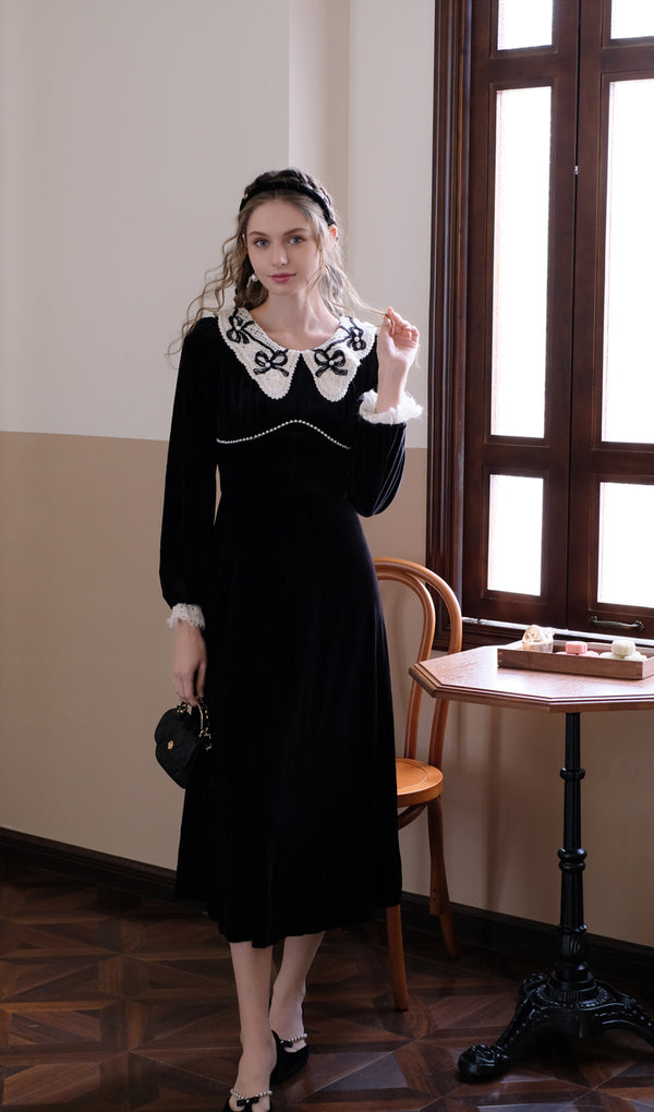 Vintage Handmade Pearls Velvet Black Midi Dress