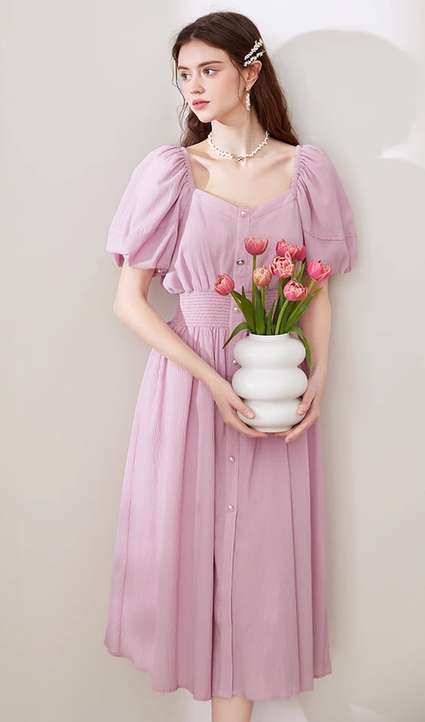 Vintage Elegant Puff Sleeves Midi Dress