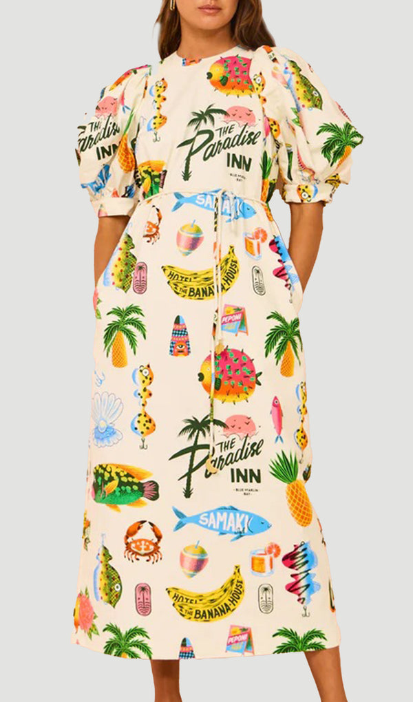 The coconut tree graffiti printed dress brings color to your summer wardrobe. This fitted mid length dress features a hanging waist, puff sleeves, and a belt from the same series. Full of vitality, perfect for seaside vacations and summer.