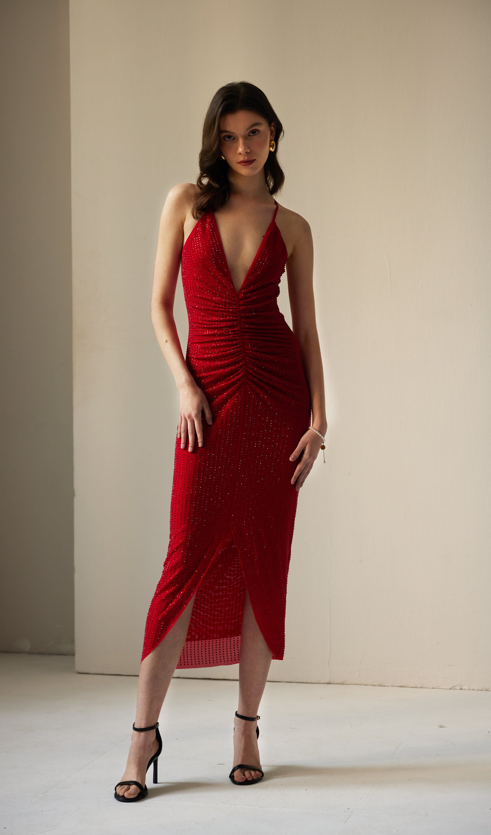 Diamante Ruched Midi Dress