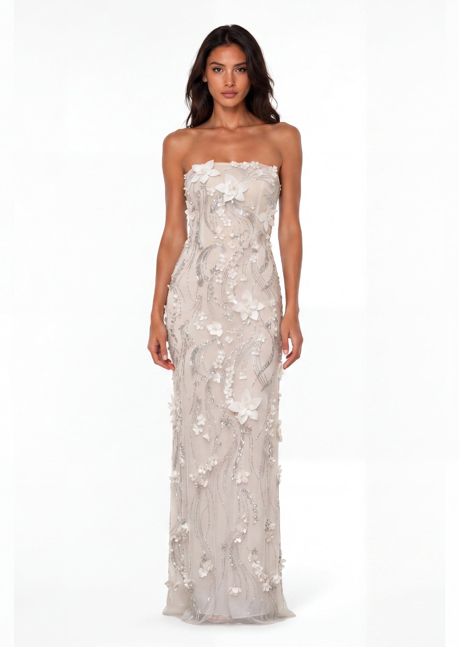 Milly Strapless Beaded Sequin Maxi Dress In White