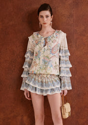 Midikleid in A-Linie mit Blumenmuster und Laternenärmeln