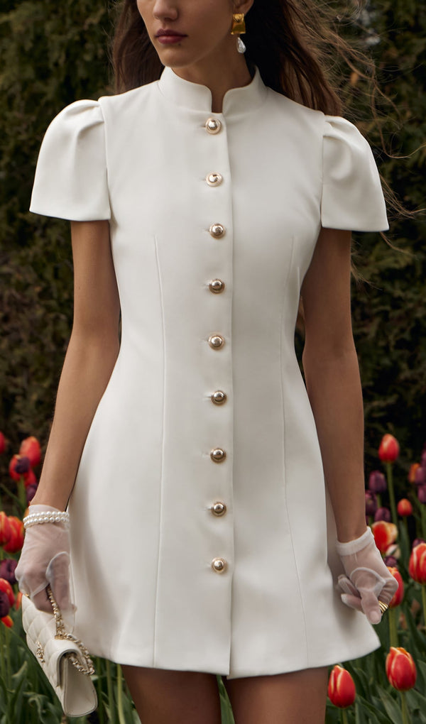 Mini Fitted Dress With Large Buttons In White
