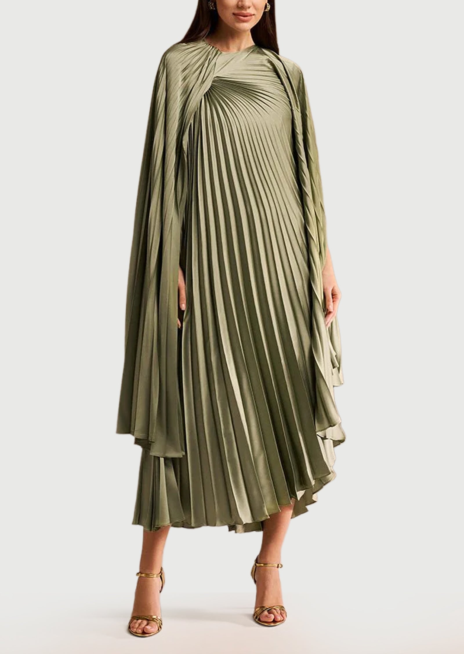 Noor Elegance Cape Pleated Satin Midi Dress