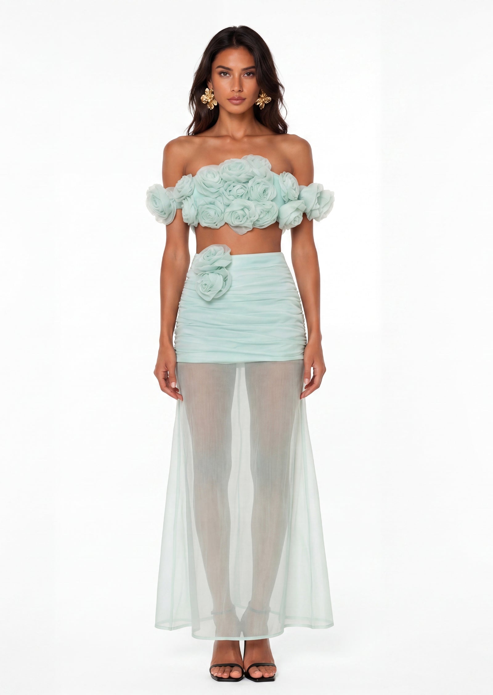 Nouria Flower Top & Sheer Skirt Set In Green