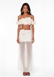 Nouria Flower Top & Sheer Skirt Set In White