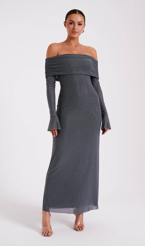 Off Shoulder Diamante Maxi Dress In Gunmetal