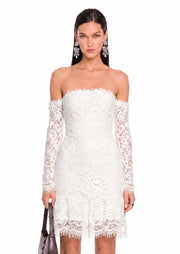 Padraic Off Shoulder Lace Mini Dress In White