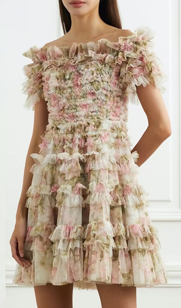 Kurzärmliges, schulterfreies Minikleid mit Blumenmuster