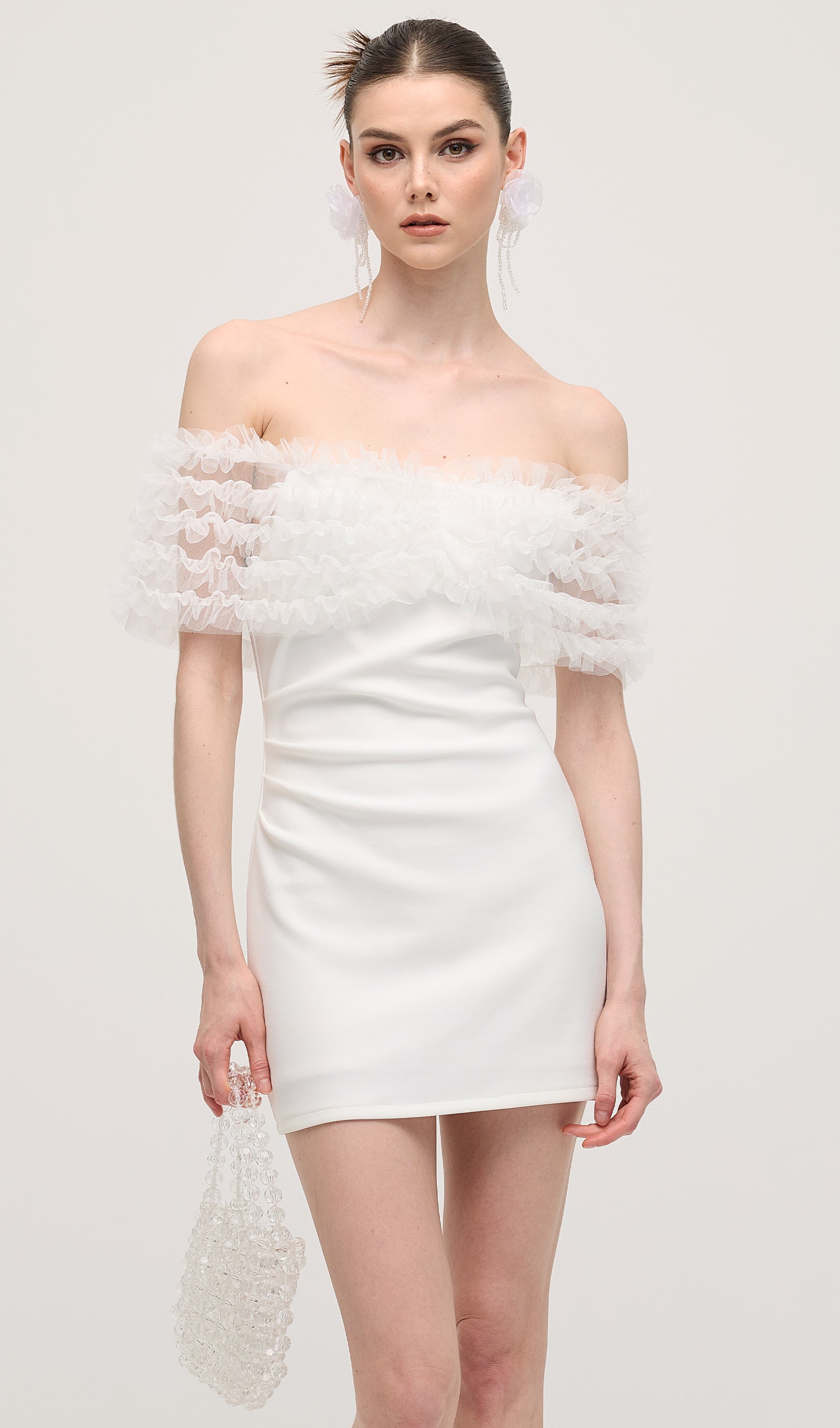 Off Shoulder Floral Tulle Mini Dress