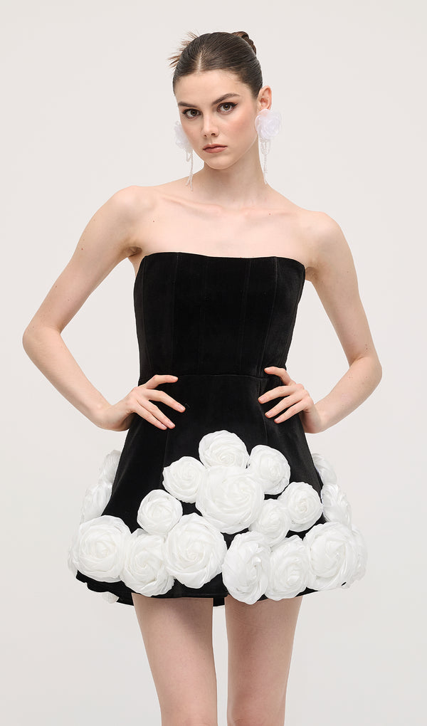 Off Shoulder Flower Mini Dress In Black