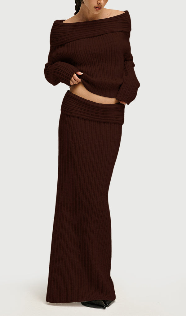 Off Shoulder Knitted Two Piece Set In Coffee