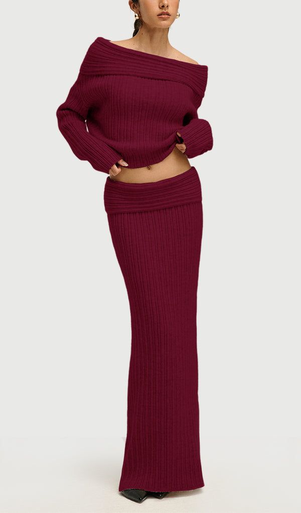 Off Shoulder Knitted Two Piece Set In Red