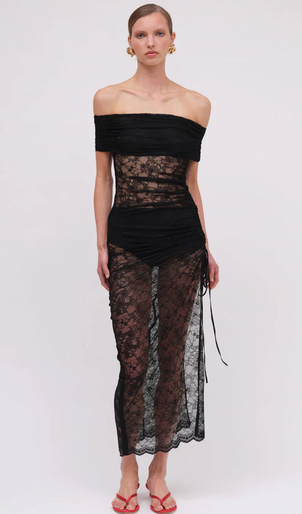 Off Shoulder Lace Drape Midi Dress