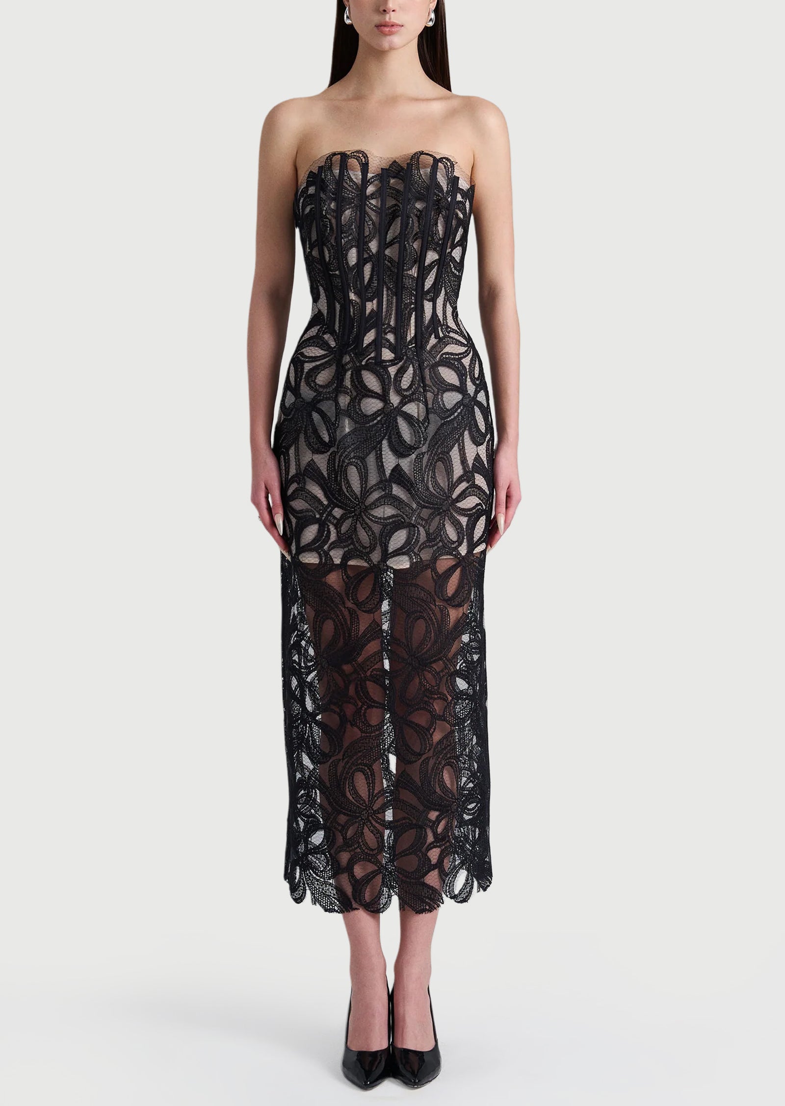 Off Shoulder Lace Mesh Floral Midi Dress