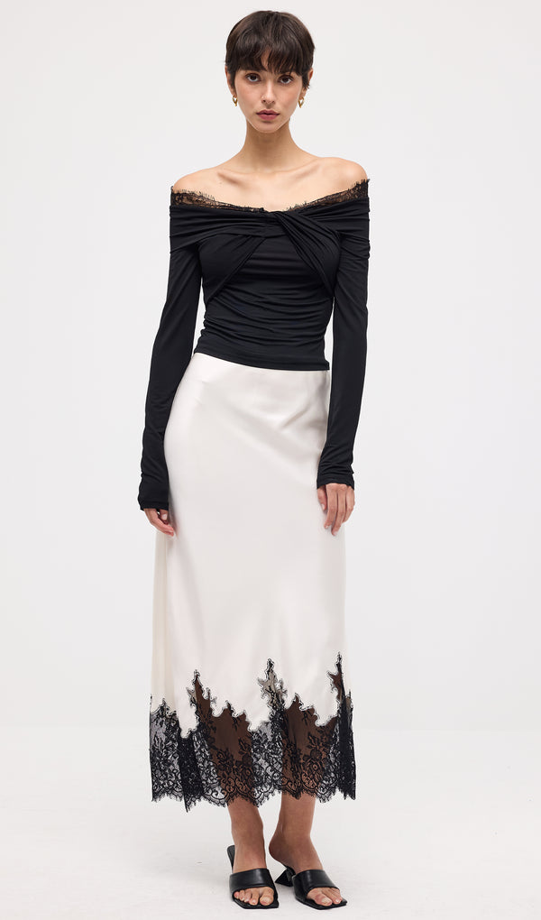 Off Shoulder Lace Top & Satin Skirt