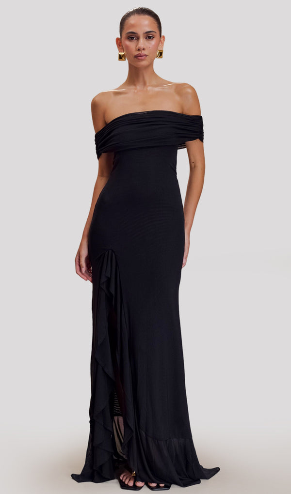 Off Shoulder Mesh Maxi Dress In Black