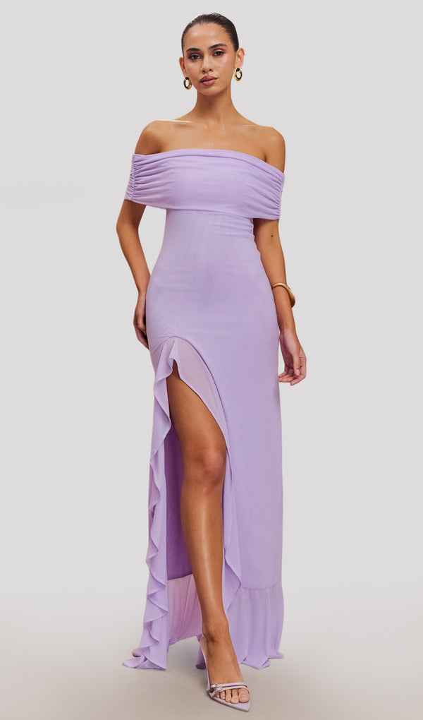 Off Shoulder Mesh Maxi Dress In Purple