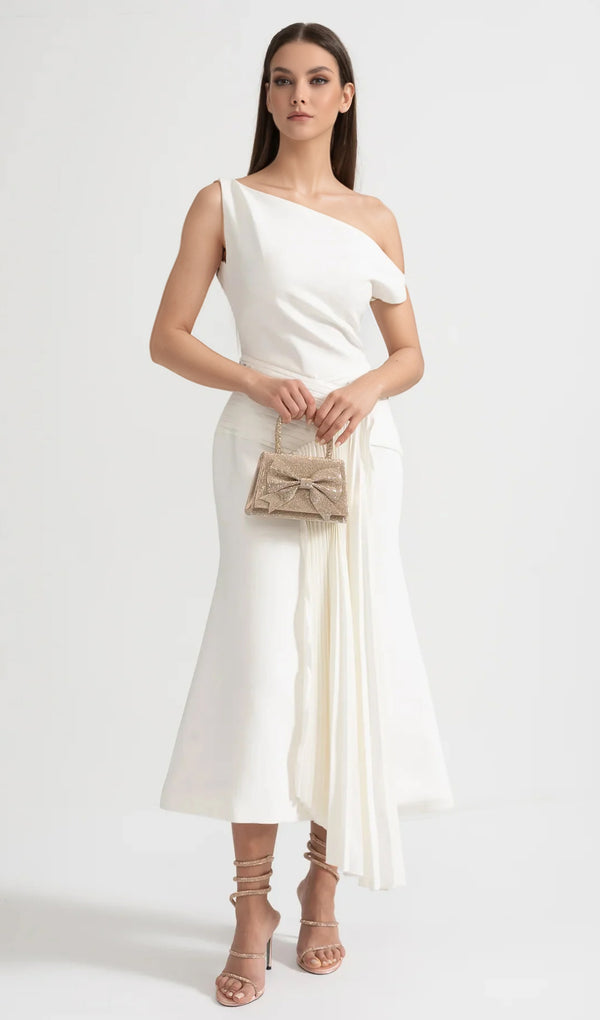 Off Shoulder Midi Dress With Pleated Waist