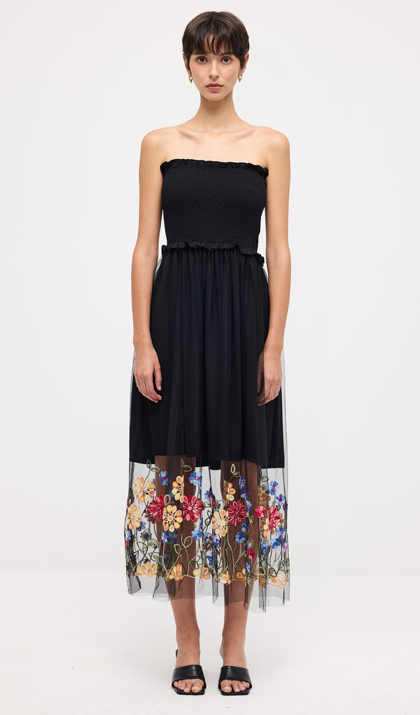 Off Shoulder Pleated Embroidery Midi Dress