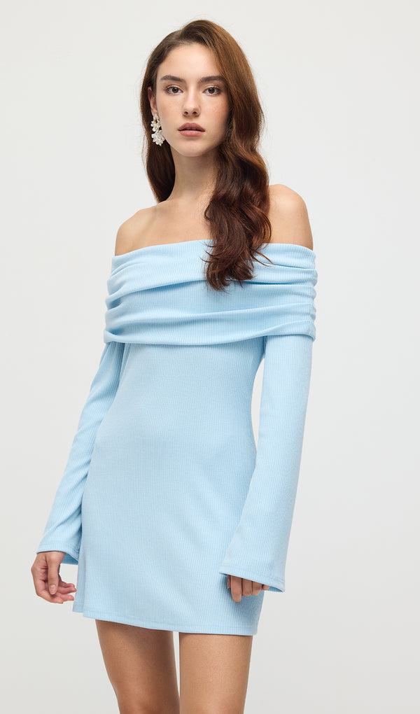 Off Shoulder Rib Knit Mini Dress In Baby Blue