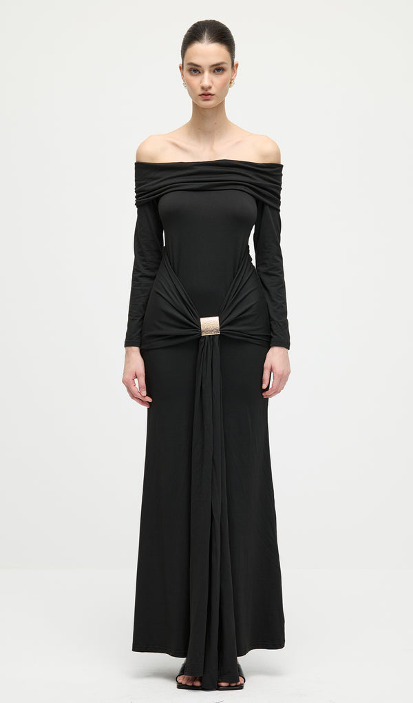 Off Shoulder Ruffle Maxi Dress In Black