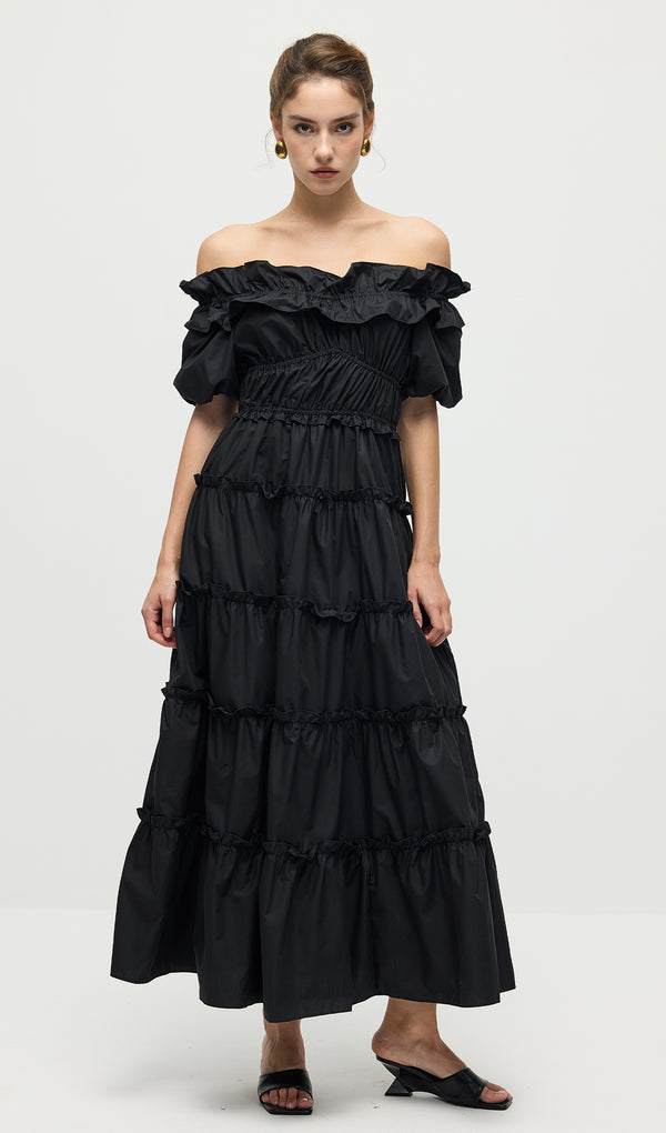 Off Shoulder Ruffled Maxi Dress In Black