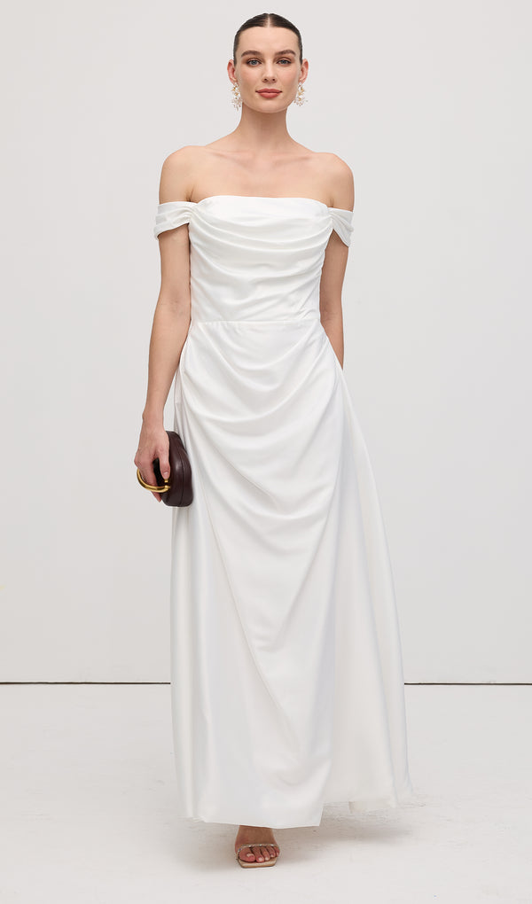 Off Shoulder Satin Maxi Dress
