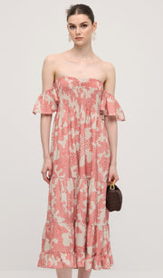 Off Shoulder Smocked Ruffle Printed Midi Dress