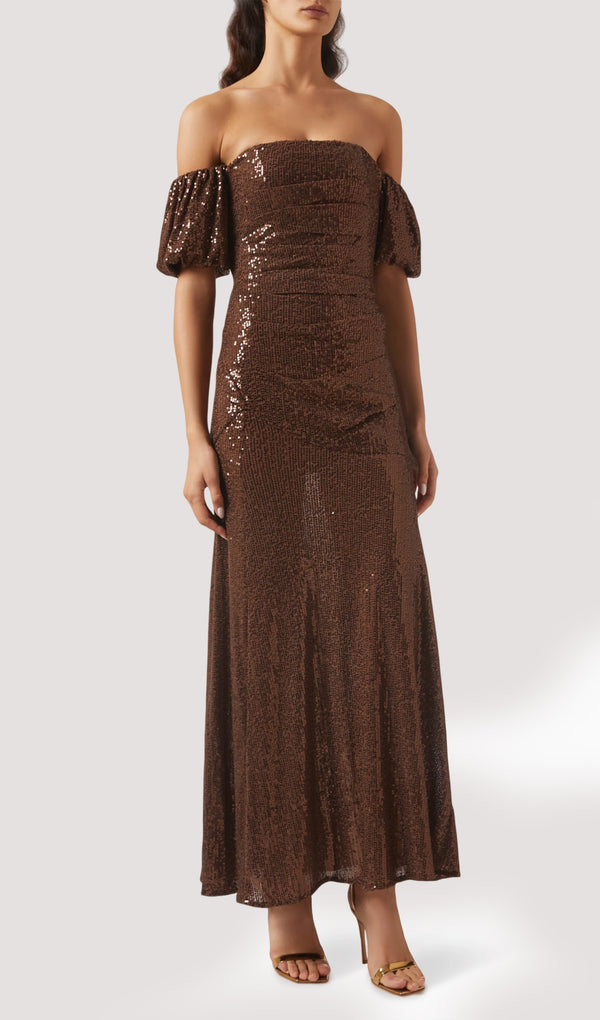 Off Shoulder Stretch Sequin Maxi Dress In Brown
