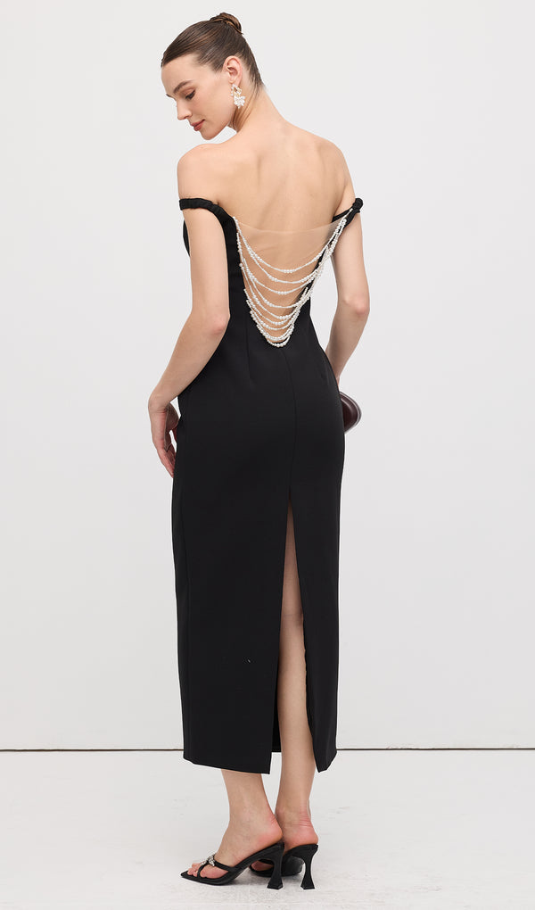 Off Shoulder Open Back Midi Dress