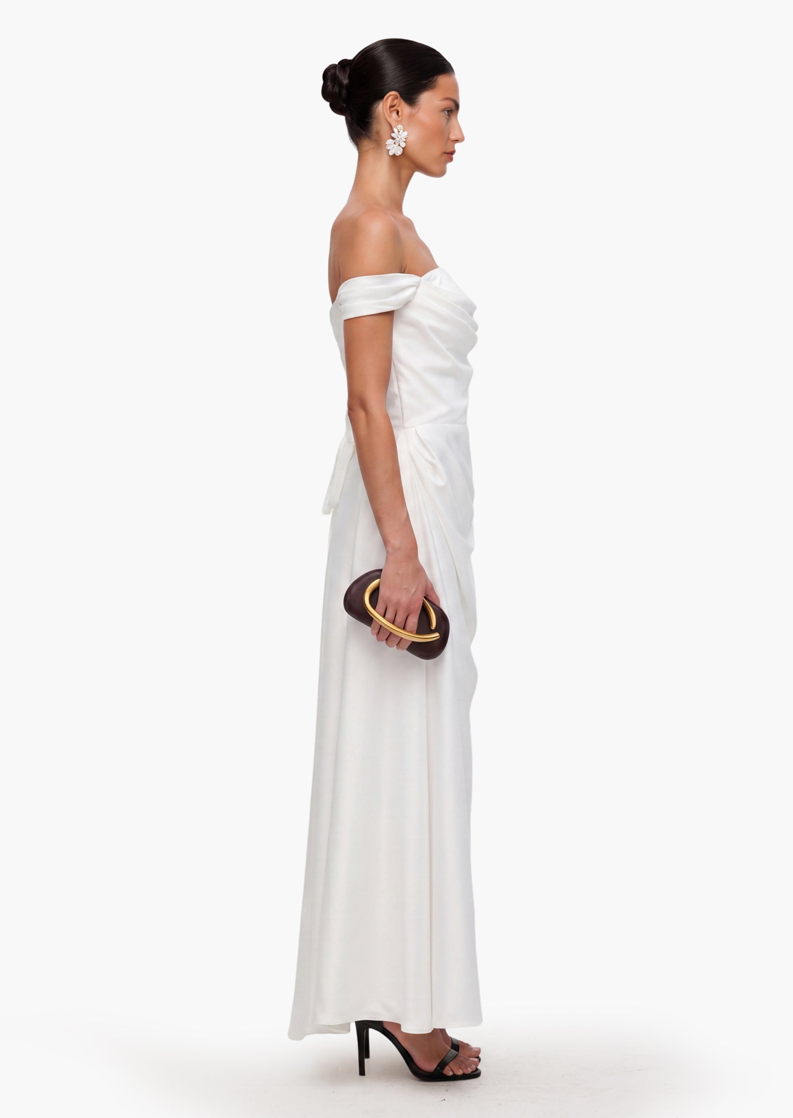 Off Shoulder Satin Maxi Dress