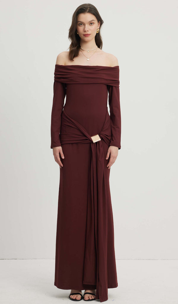 Off Shoulder Ruffle Maxi Dress Reddish Brown