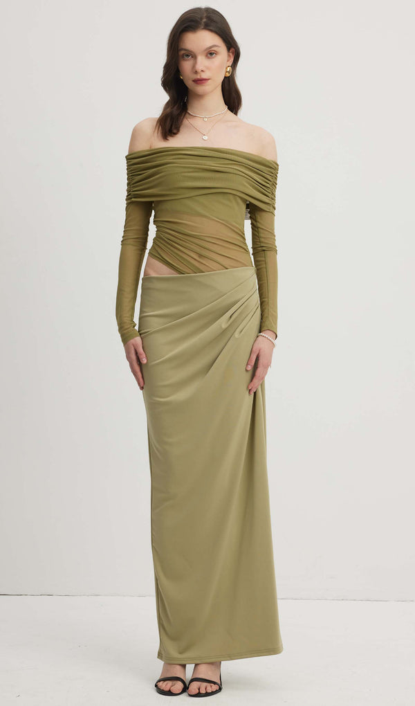 Off Shoulder Sheer Maxi Mesh Green