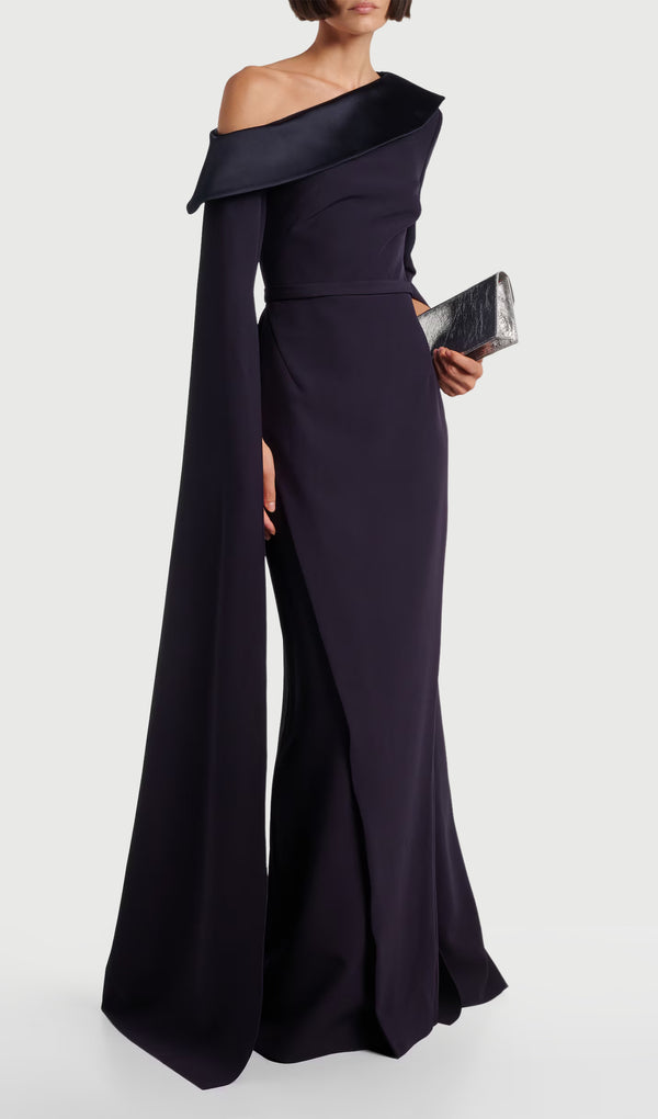 One Shoulder Caped Crepe Gown