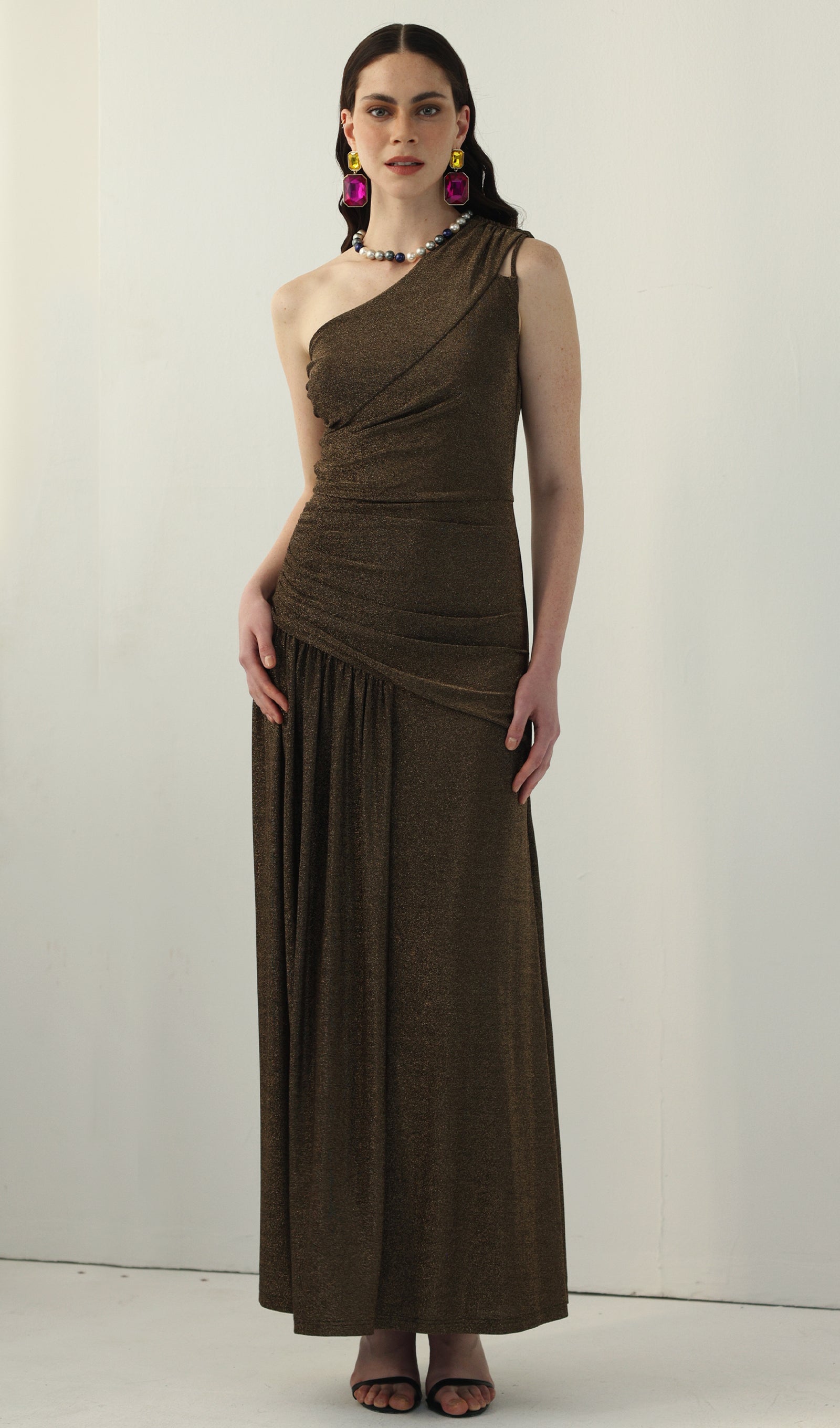 One-Shoulder Glitter Split Maxi Dress