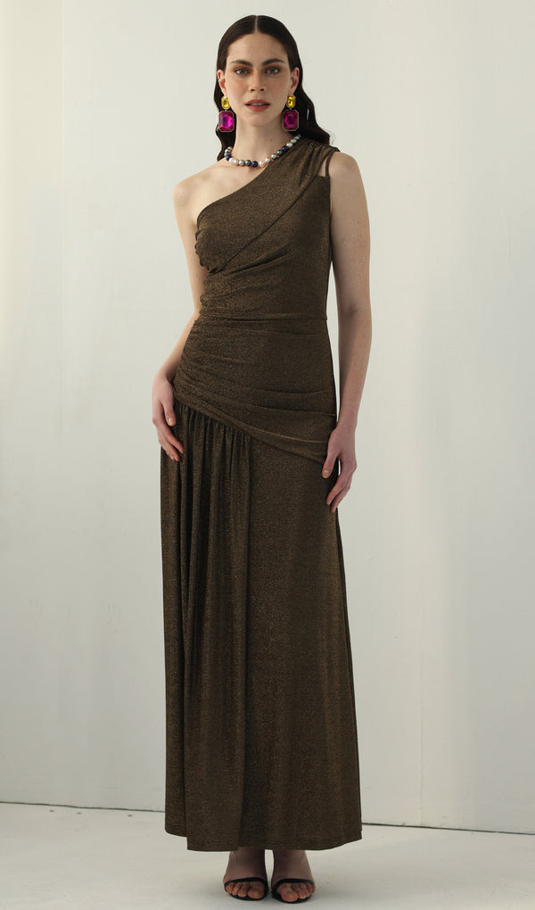 One-Shoulder Glitter Split Maxi Dress