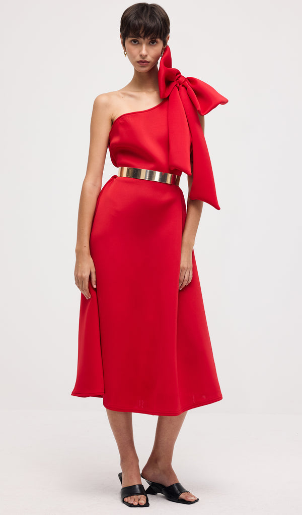 One Shoulder Big Bow Midi Dress In Red