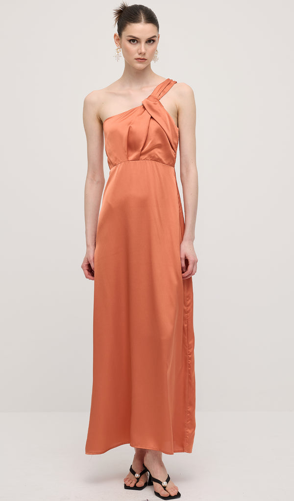 One Shoulder Draping Feature Midi Dress In Rose Brown