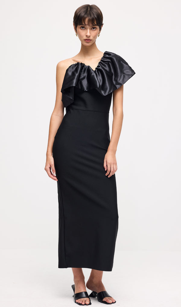 One Shoulder Pleated Midi Dress In Black