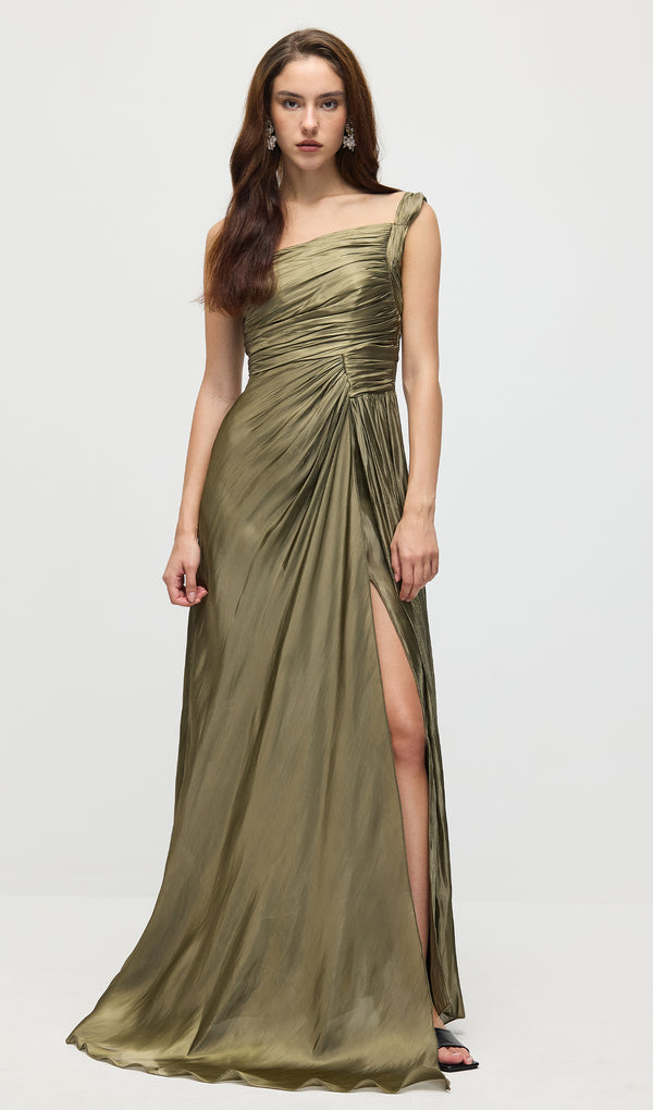 One Shoulder Pleated Slit Maxi Dress