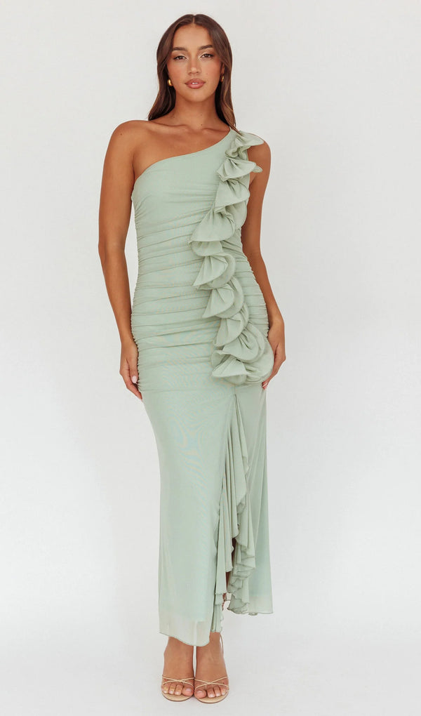 One Shoulder Ruffle Accent Midi Dress