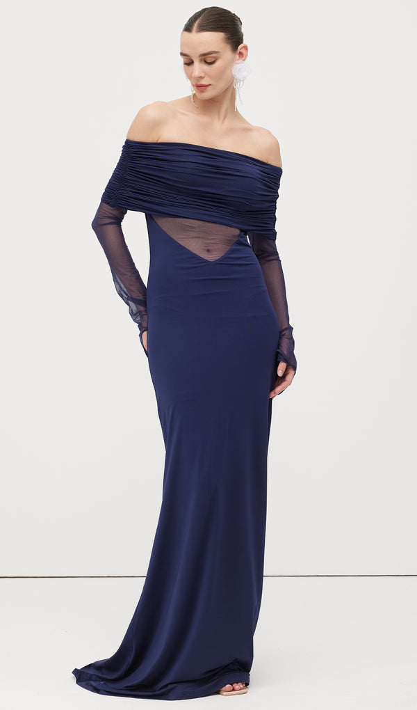 One Shoulder Slinky Ruched Maxi Dress-Blue