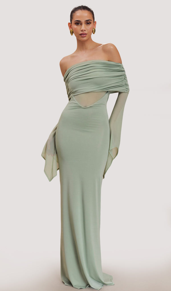 One Shoulder Slinky Ruched Maxi Dress In Green
