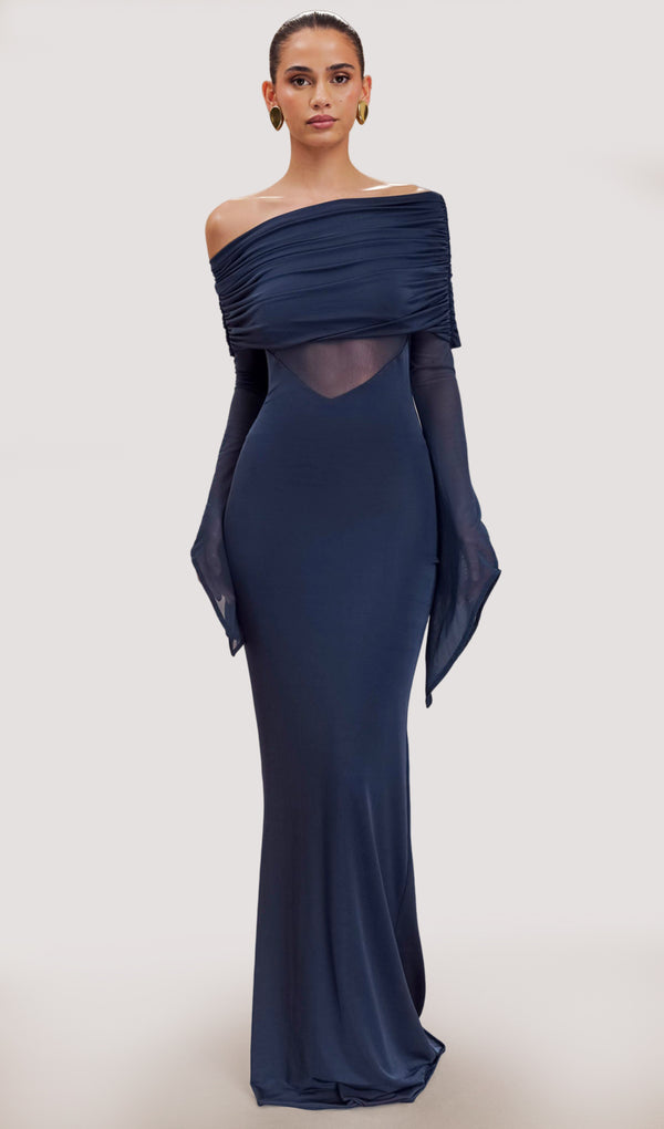 One Shoulder Slinky Ruched Maxi Dress In Blue