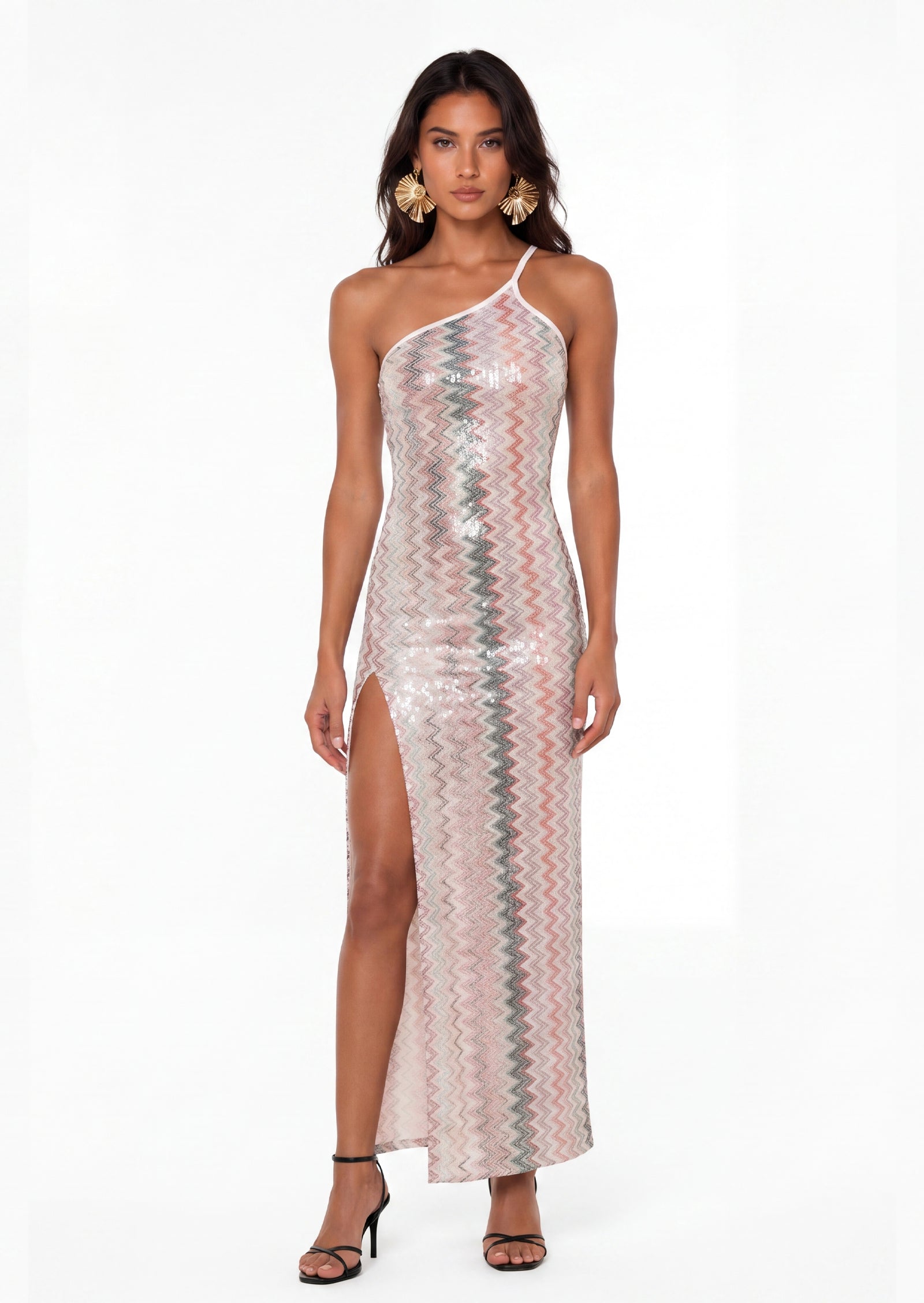 One Shoulder Striped Crochet Knit Maxi Dress